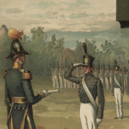 Color sketch of young Ulysses S. Grant in cadet uniform saluting to an officer as Grant participates in his class's graduation ceremony from the United States Military Academy in West Point, New York