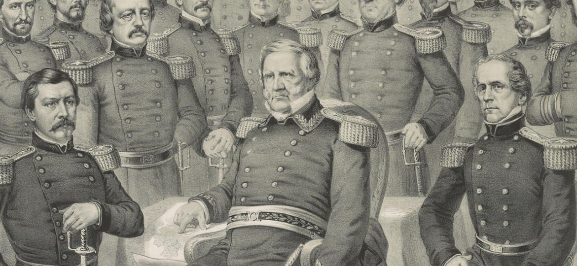 Crop of a lithograph of a group portrait of Union Army generals and Navy commanders