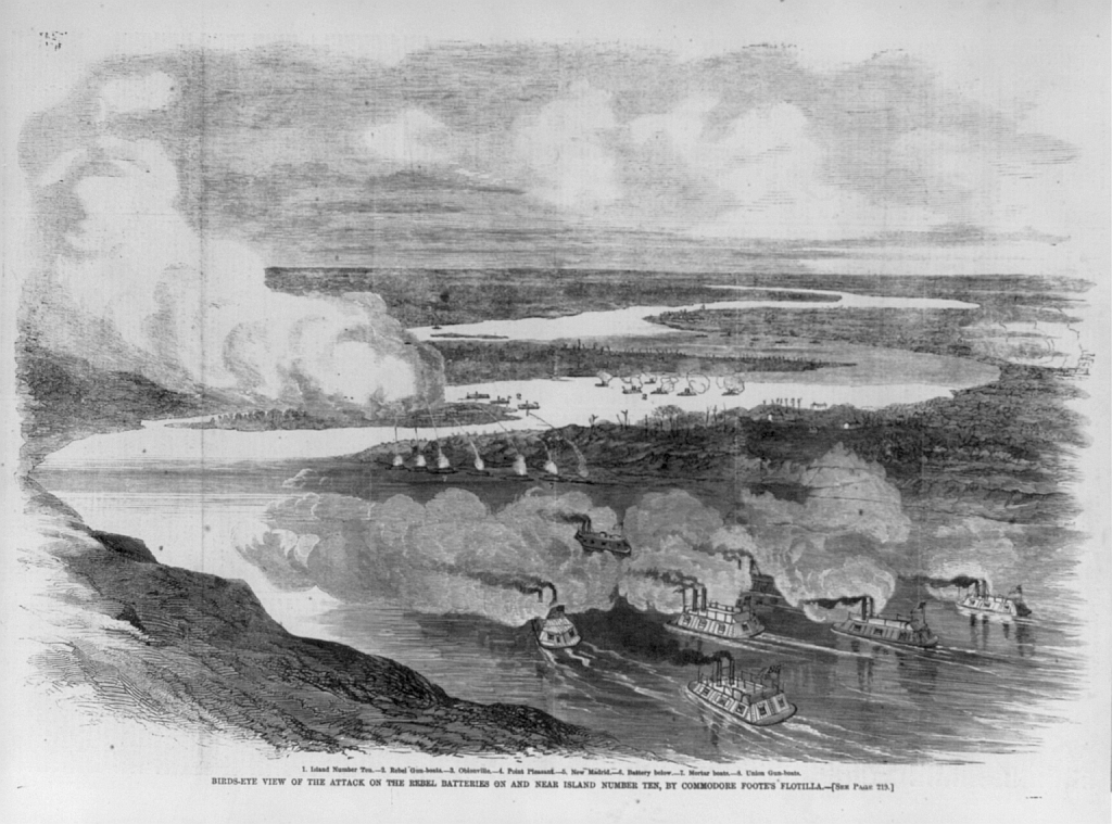 Union gunboats on the Mississippi River running past Confederate batteries on Island Number Ten and the Tennessee shore