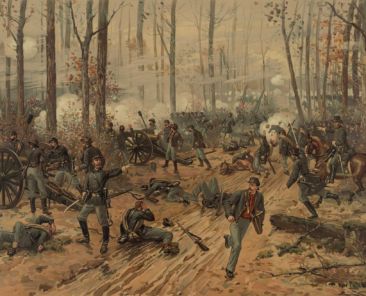 Union troops under fire at the Battle of Shiloh, a chromolithograph