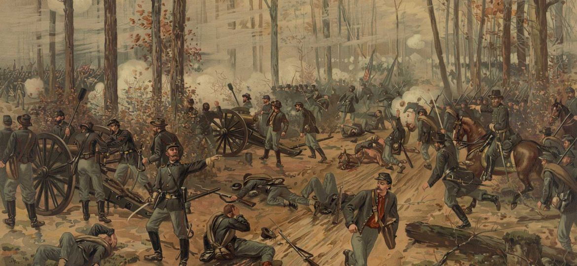 Union troops under fire at the Battle of Shiloh, a chromolithograph