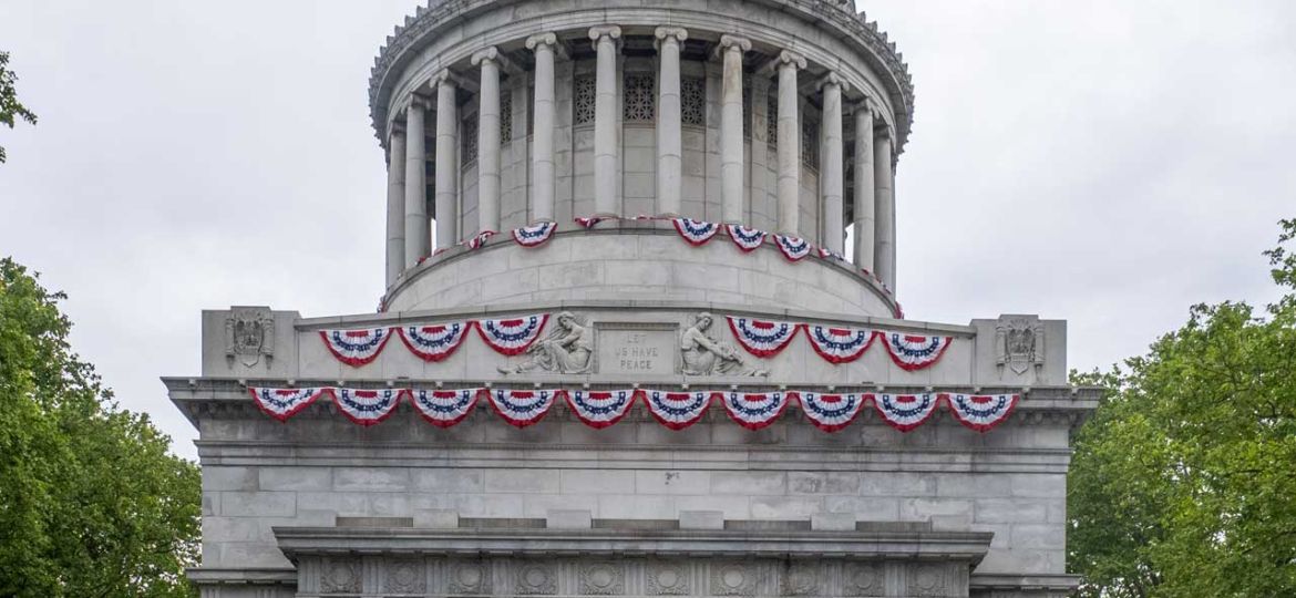 Front exterior of General Grant National Memorial, Grant's Tomb surrounded by trees in Riverside Park, New York City