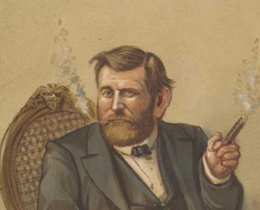 Illustration of President Ulysses S. Grant seated and smoking a cigar