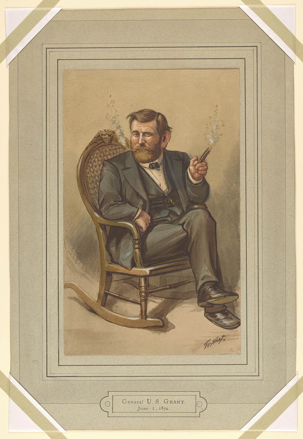 Illustration of President Ulysses S. Grant seated and smoking a cigar