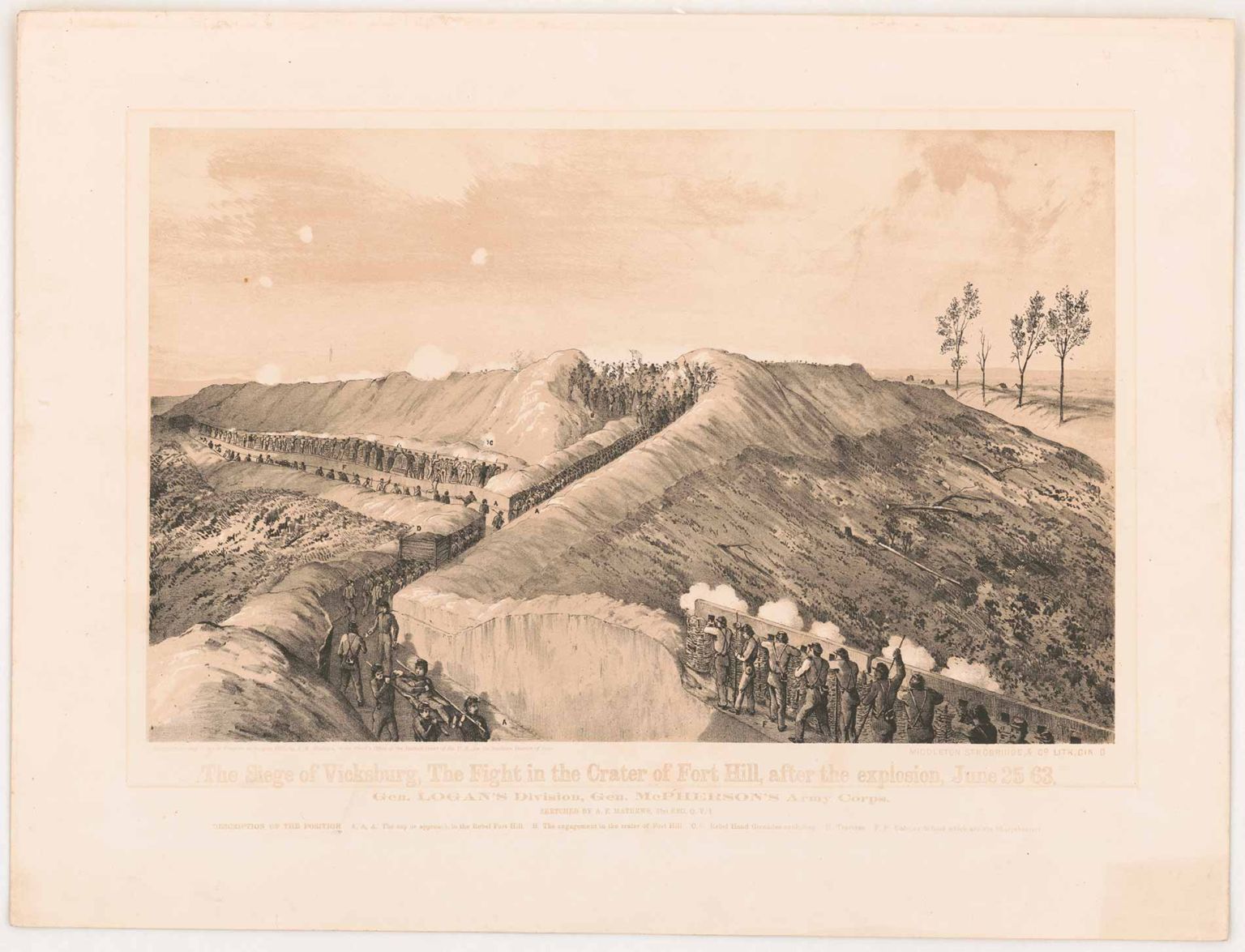 Union soldiers in trench and behind wooden walls and gabions as an assault is made on Fort Hill during the siege of Vicksburg, Mississippi. Includes a "description of the position" with a key that identifies troop positions and prominent features by letter.