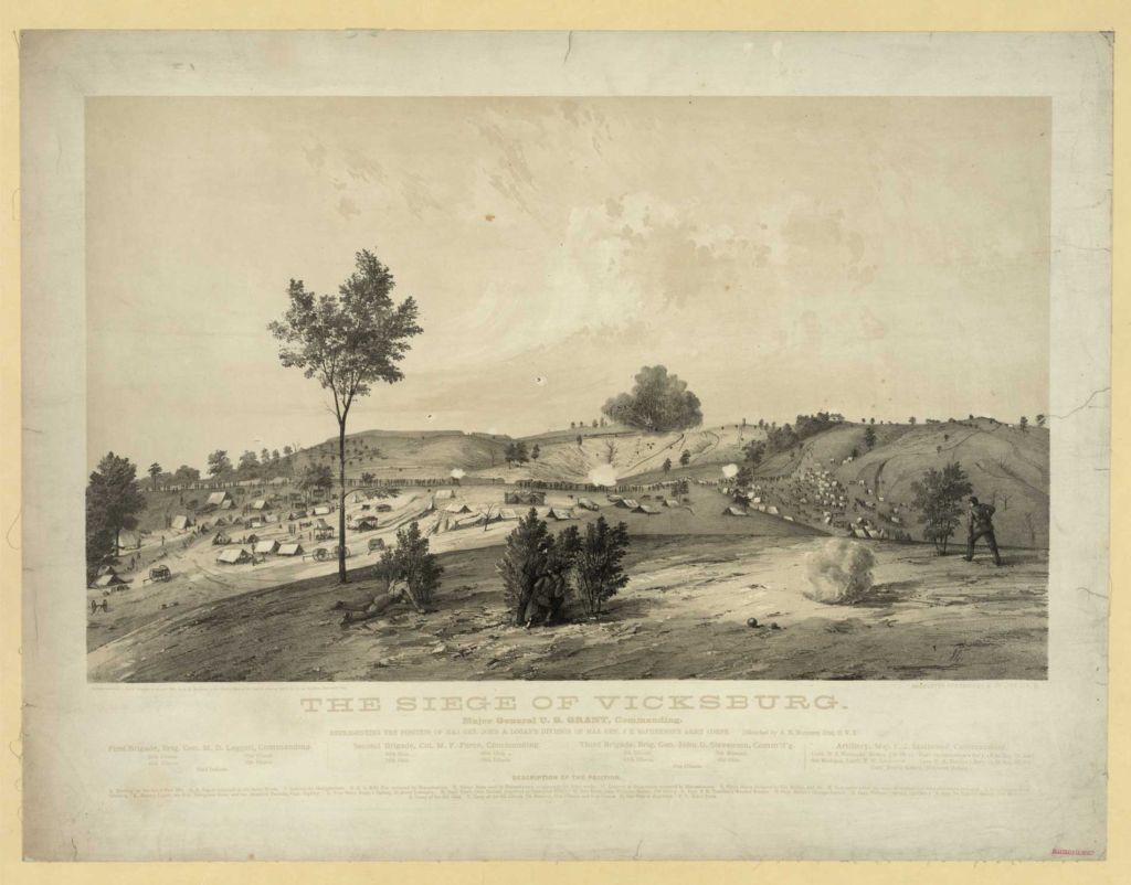 soldiers in the foreground hiding behind trees and bushes during a bombardment of the encampment and earthworks of the Union army outside Vicksburg, Mississippi, with Confederate forts and earthworks along a ridge in the background. Major features are identified by letter with a corresponding 'Description of the Position' printed across the bottom