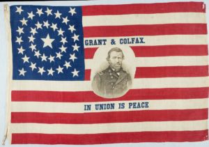 u.s. flag with portrait of General Ulysses S. Grant and the words 