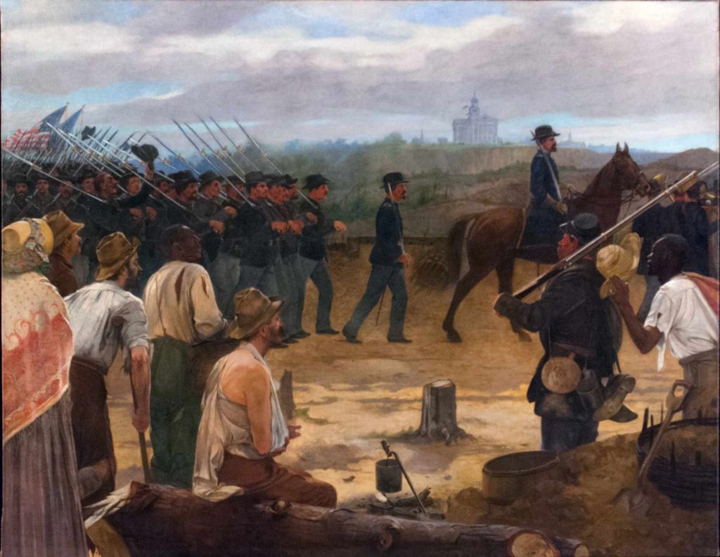 United States soldiers marching in formation in blue uniforms with hats and with muskets on their soldiers entering a town on a dirt road while led by two officers who have their swords drawn in parade not aggressive style and one of whom is on a horse, and they are marching past civilians of the town Vicksburg, Mississippi, on July 4, 1863, who are watching them, with the court house visible on the horizon in the distance, and the civilians include one man of African descent who is not free from slavery due to the occupation of the town by the soldiers