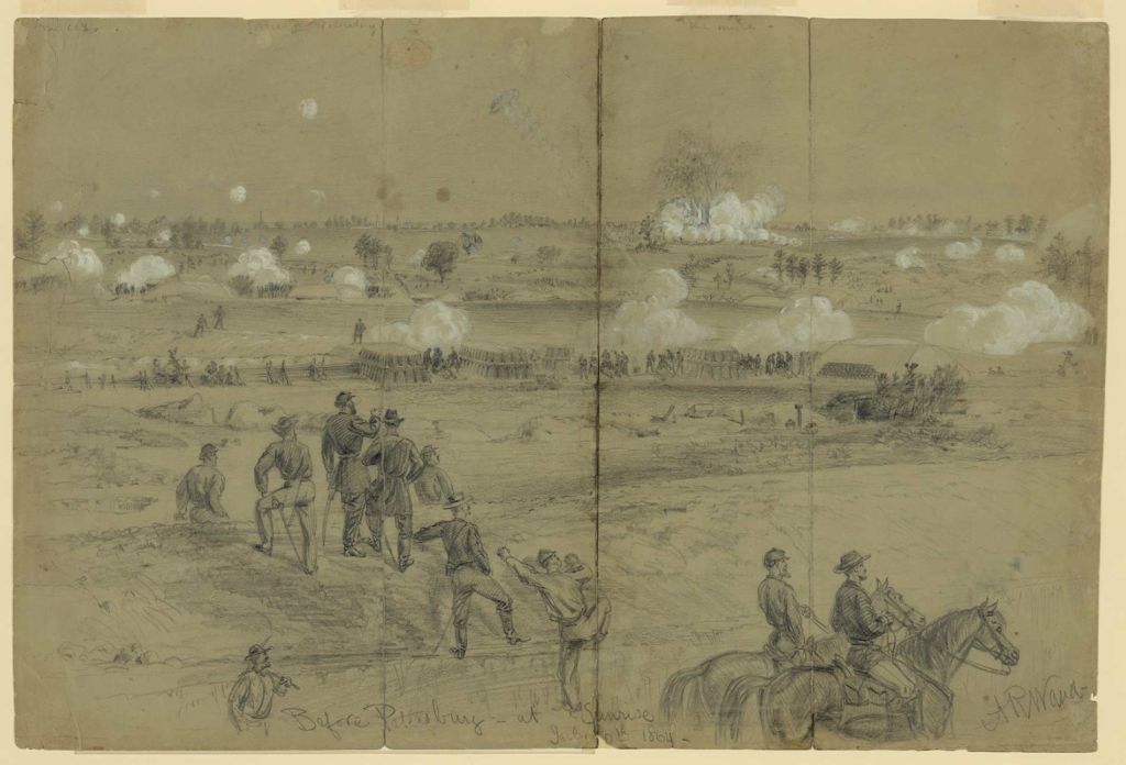 An sketch in pencil and so-called Chinese white, which is a watercolor of zinc-oxide pigment, showing a distant explosion of the mine under the Confederate works at Petersburg, Virginia, July 30, 1864. The spires in the distance mark the location of the city; along the crest, in front of them are the defensive works. The pickets of soldiers are seen running in from their pits & shelters on the front, to the outer line of attack. In the middle distance, are the 8 & 10 inch mortar batteries. Nearer is a line of abandoned rifle pits, and in the foreground is the covered way, a sunken road for communication with the siege works and the conveyance of supplies and ammunition to the forts. The chief Engineer of the Army of the Potomac is standing upon the embankment watching progress through a field glass.