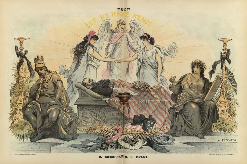 Illustration shows the body of Ulysses S. Grant lying in state in front of an angel joining the hands of two female figures, one labeled 