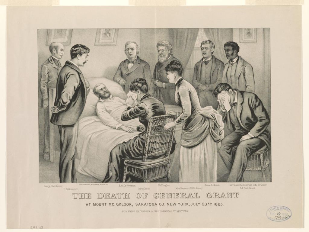 Illustration of President U.S. Grant on his death bed; he is wearing all white and is surrounded by members of his family, doctors, and his valet, and some of those in attendance surrounding the bed are weeping