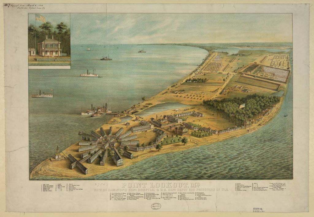 a color and detailed landscape illustration of a peninsula of land as seen from an elevated and oblique showing a prisoner of war camp and hospital buildings for Confederate prisoners, with areas of tents in carefully arranged rows of a military camp, and the some of the hospital buildings are arranged like spokes of a wheel; they radiate out from a central point; also steamboats with smoke coming from their stacks are in shown in the waters around the peninsula. Under the drawing as part of the illustration is the title in formal lettering reading: Point Lookout, MD 