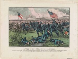 Second Battle of Cornith, American Civil War, Southern troops in gray uniforms and Northern troops in blue uniforms are fighting on a field of green grass